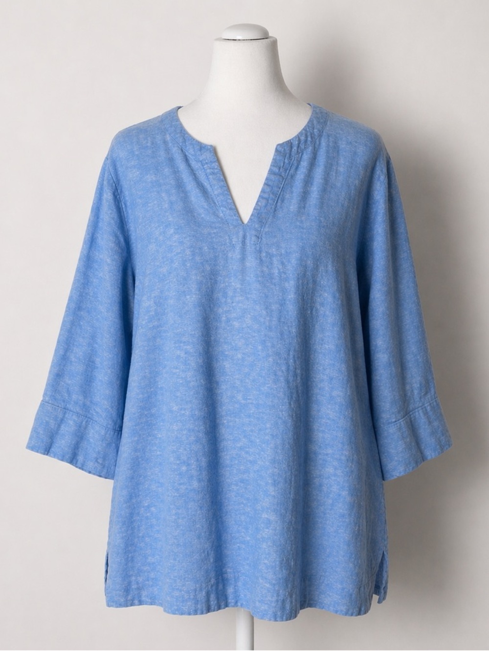 Lands End Top 2XL Blue Linen Blend Tunic 3/4 Sleeve V Neck Pullover Lagenlook